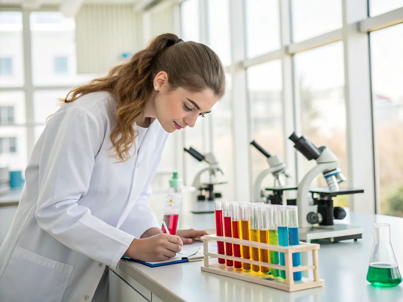 A medical professional in a lab coat analyzing a blood sample with sophisticated lab equipment in the background, representing blood work services at Jeez Medical Laboratory Center.