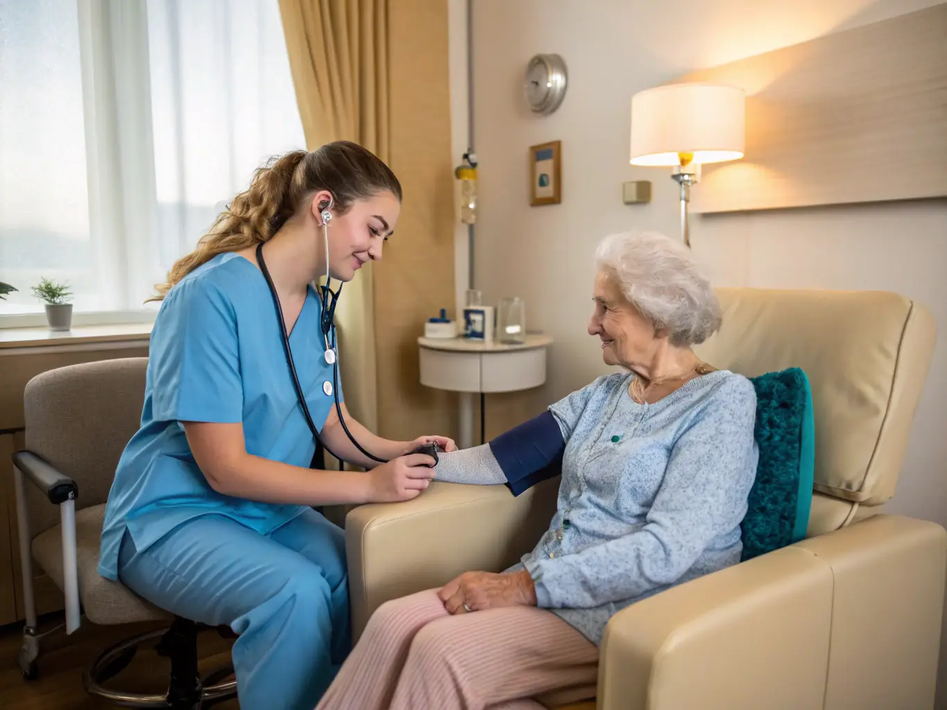 A friendly and professional medical technician assisting a patient during a blood test at Jeez Medical Laboratory Center, showcasing the center's commitment to patient care and comfort.