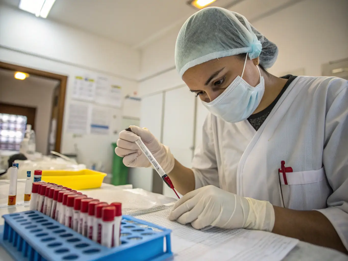 A detailed close-up shot of a phlebotomist drawing blood from a patient's arm in a clean, modern laboratory setting, emphasizing the precision and care taken during blood work at Jeez Medical Laboratory Center.