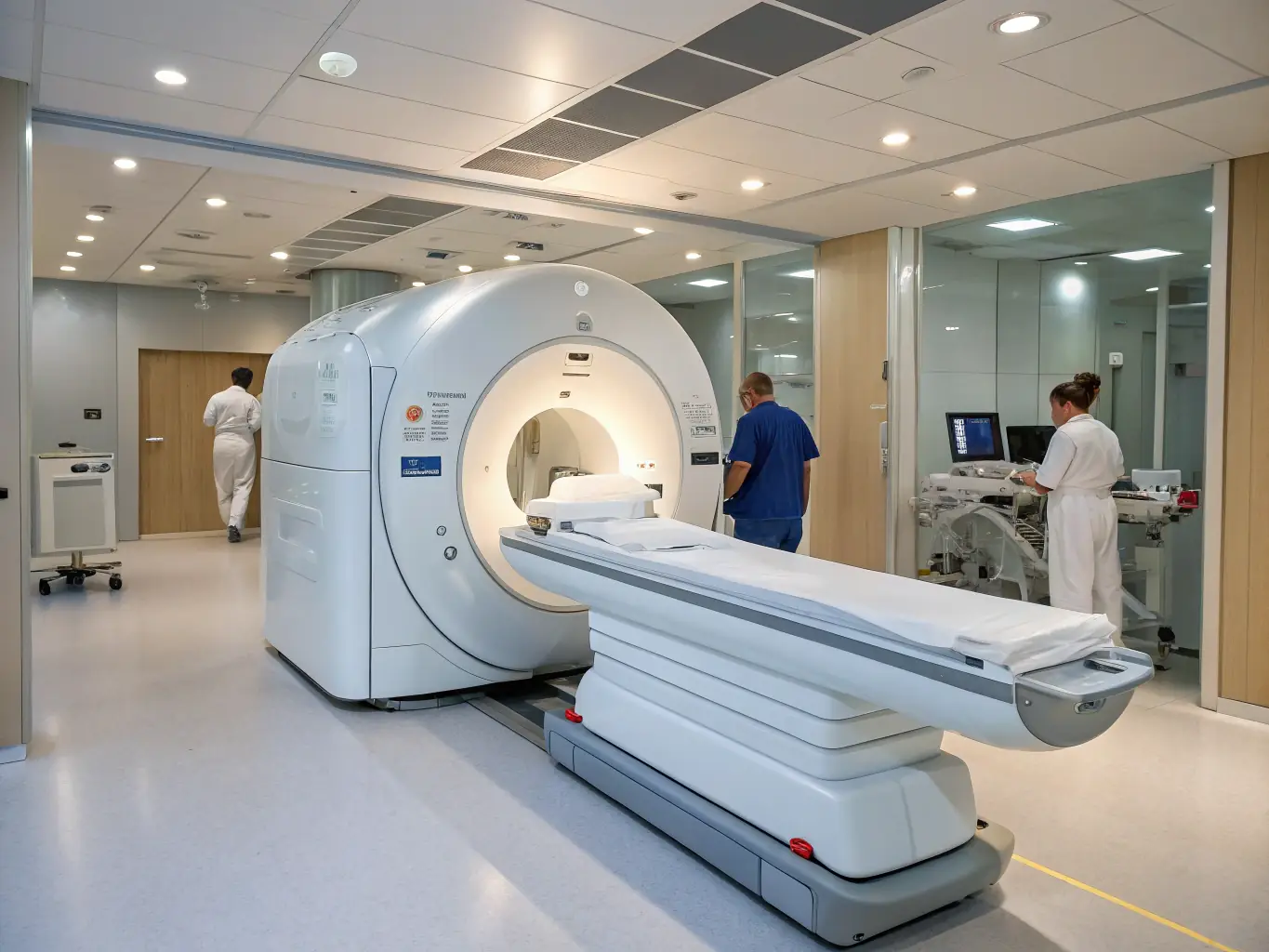 A high-resolution image of a modern MRI scanner in a brightly lit, sterile room, highlighting the advanced imaging technology available at Jeez Medical Laboratory Center for detailed diagnostic evaluations.